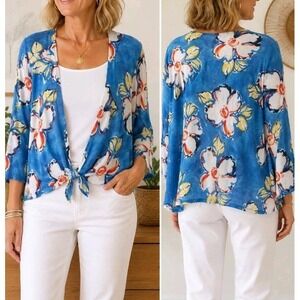 Chico's Size 1 Blue Floral Tie Front Cardigan Sweater Ramie Rayon Boho